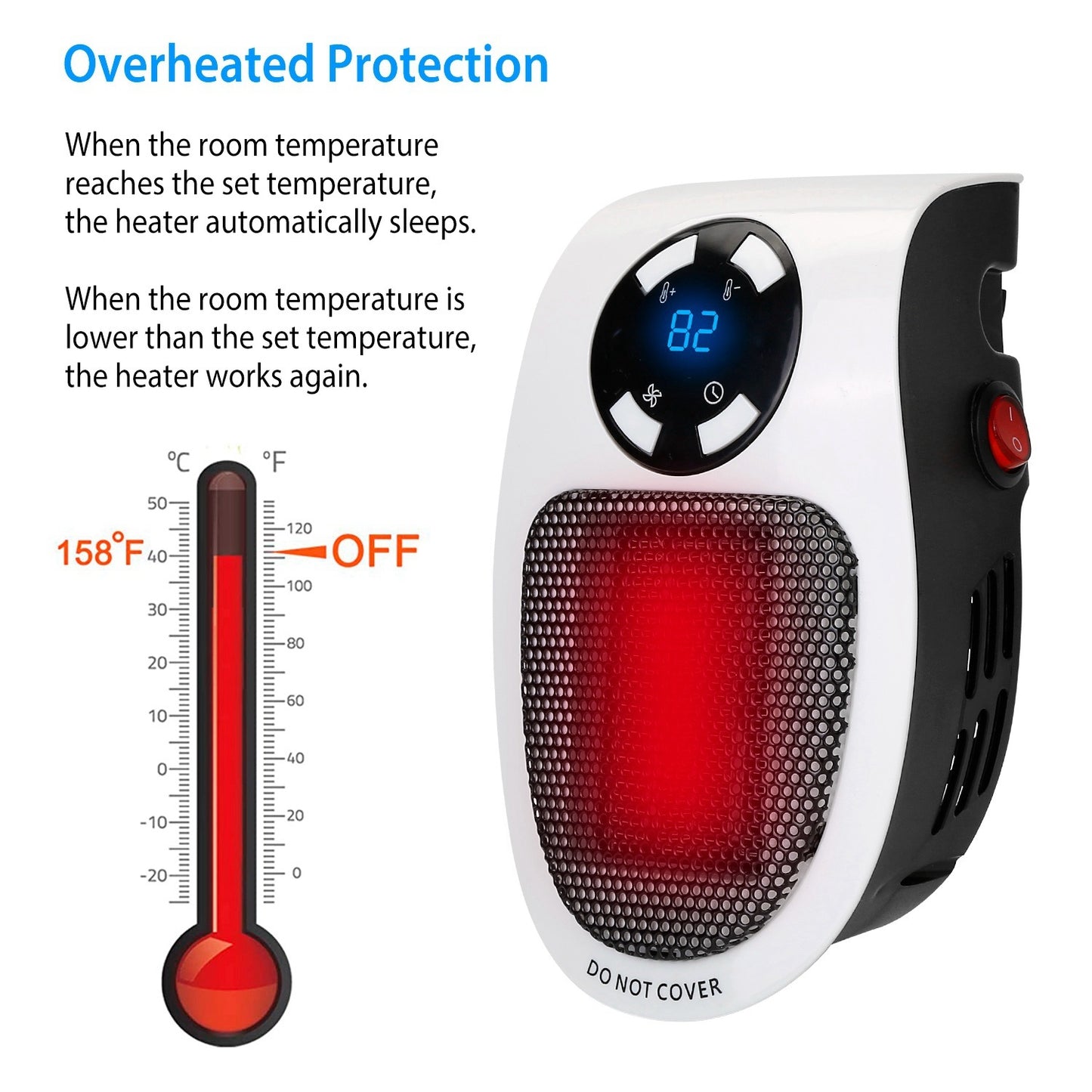 500W Portable Heater Fan Wall Outlet Space Heater Plug-in Heater Adjustable Temperature Auto Shut off w/ Remote Control