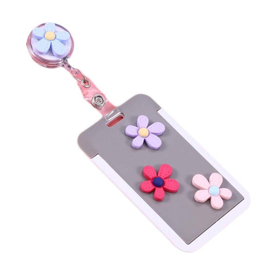 Grey Retractable Badge Clip Flowers ID Card Badge Holder Office Students Name Card Entrance Key Card Holder
