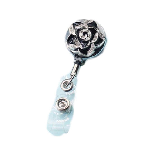 Black Rose Retractable Badge Clip Metal Rhinestone Beads ID Card Badge Holder for Office Worker Teachers Students
