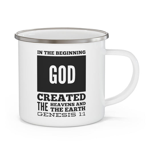 Enamel Camping Mug, In The Beginning God Created The Heavens And The Earth Black Illustration
