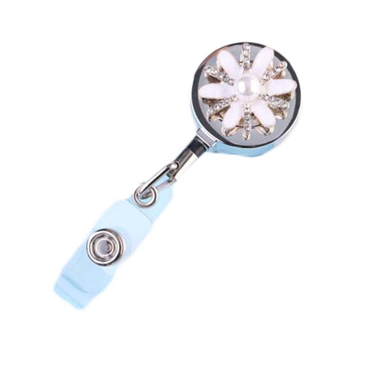 White Daisy Retractable Badge Clip Metal Rhinestone Beads ID Card Badge Holder for Office Worker Teachers Students