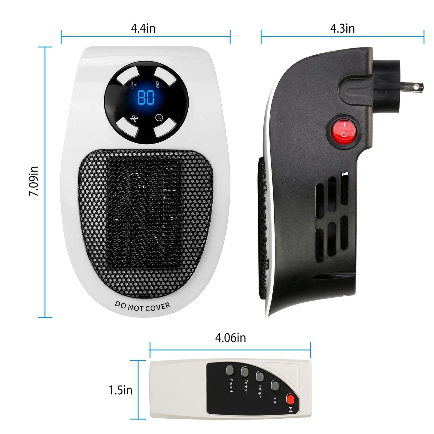 500W Portable Heater Fan Wall Outlet Space Heater Plug-in Heater Adjustable Temperature Auto Shut off w/ Remote Control