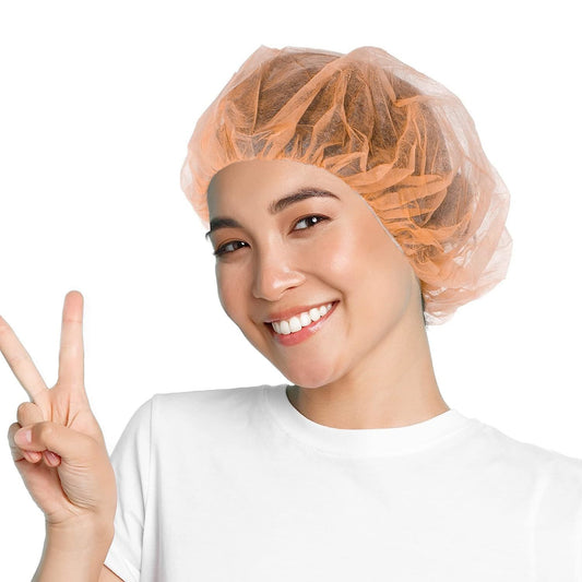 Disposable Hair Caps for Nurses 21'', Pack of 100 Orange Bouffant Caps Disposable with Elastic Edge, Polypropylene Bouffant Hair Nets, Hairnets for Women Food Service, Cleaning Industry