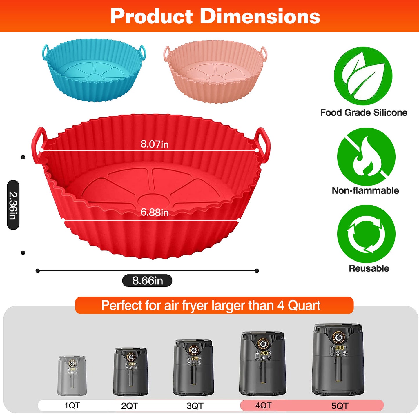 3Pcs Reusable Foldbale Air Fryer Silicone Pot 464°F Heat Resistant Round Replacement of Parchment Liners 3 Food Grade Baking Basket Pans for 4+Quart Air Fryer Oven
