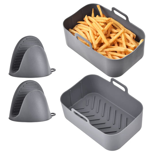 Reusable Air Fryer Silicone Pot Rectangle Replacement of Parchment Liners 2 Basket Pans with 1 Pair of Mittens for 6-8 Quart Oven Air Fryer