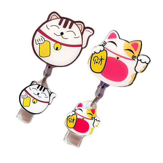2 Pcs Cute Fortune Cat Retractable Badge Clip Student Badge Holder ID Name Card Holders, Random Pattern