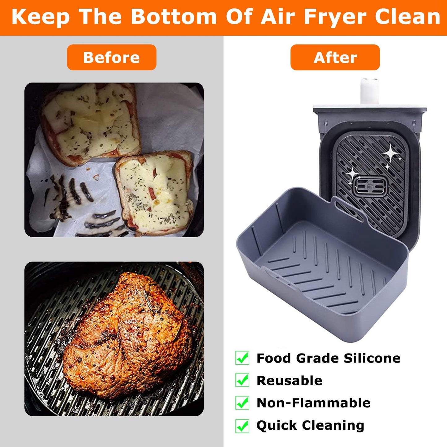 Reusable Air Fryer Silicone Pot Rectangle Replacement of Parchment Liners 2 Basket Pans with 1 Pair of Mittens for 6-8 Quart Oven Air Fryer