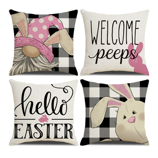 4pcs Spring Easter Rabbit Throw Pillow Case; Linen Cushion Cover; Single Side Print Accent Pillow Case; Pillow Insert Not Included