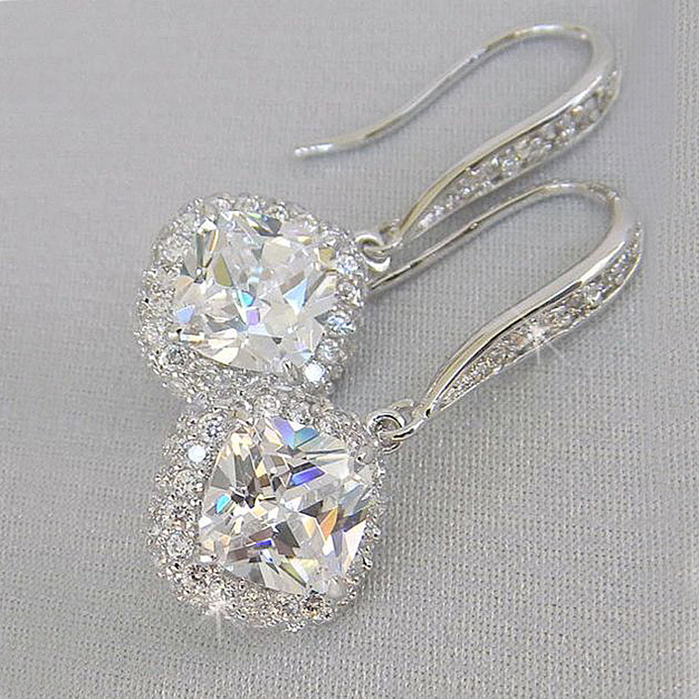 Huitan New Trendy Luxury Silver Color Square Drop Earring Wedding Bridal Accessories Shine Zircon Stone Elegant Women Jewelry