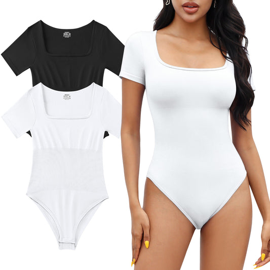 2 Piece Short Sleeve Bodysuits for Women Sexy Ribbed Square Neck Top