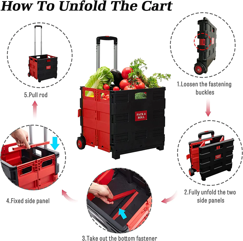 Large Folding Rolling Utility Shopping Cart, Black & Red/Green
