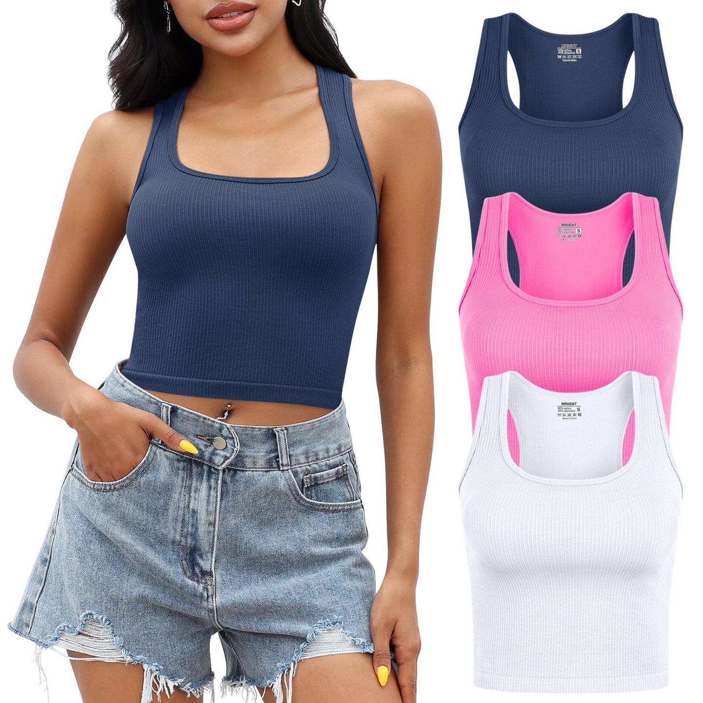Tank Top for Women, 3 Pack Ribbed Seamless Racerback Yoga Crop Tops for Workout Running Gym Sport, Sleeveless Exercise Shirt for Daily Wearing