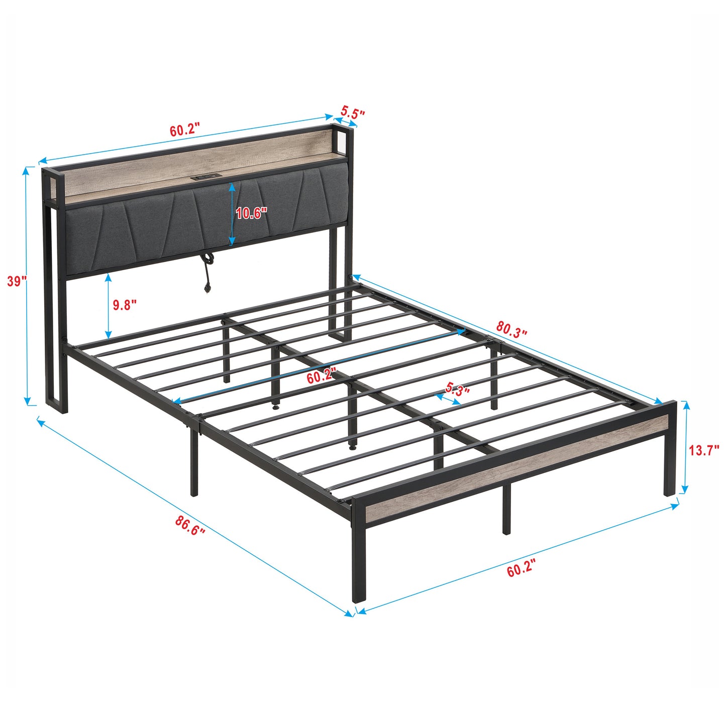 Queen Size Metal Platform Bed Frame with upholstery storage function Headboard and USB LINER and Footboard , No Box Spring Needed, Large Under Bed Storage, Easy Assemble
