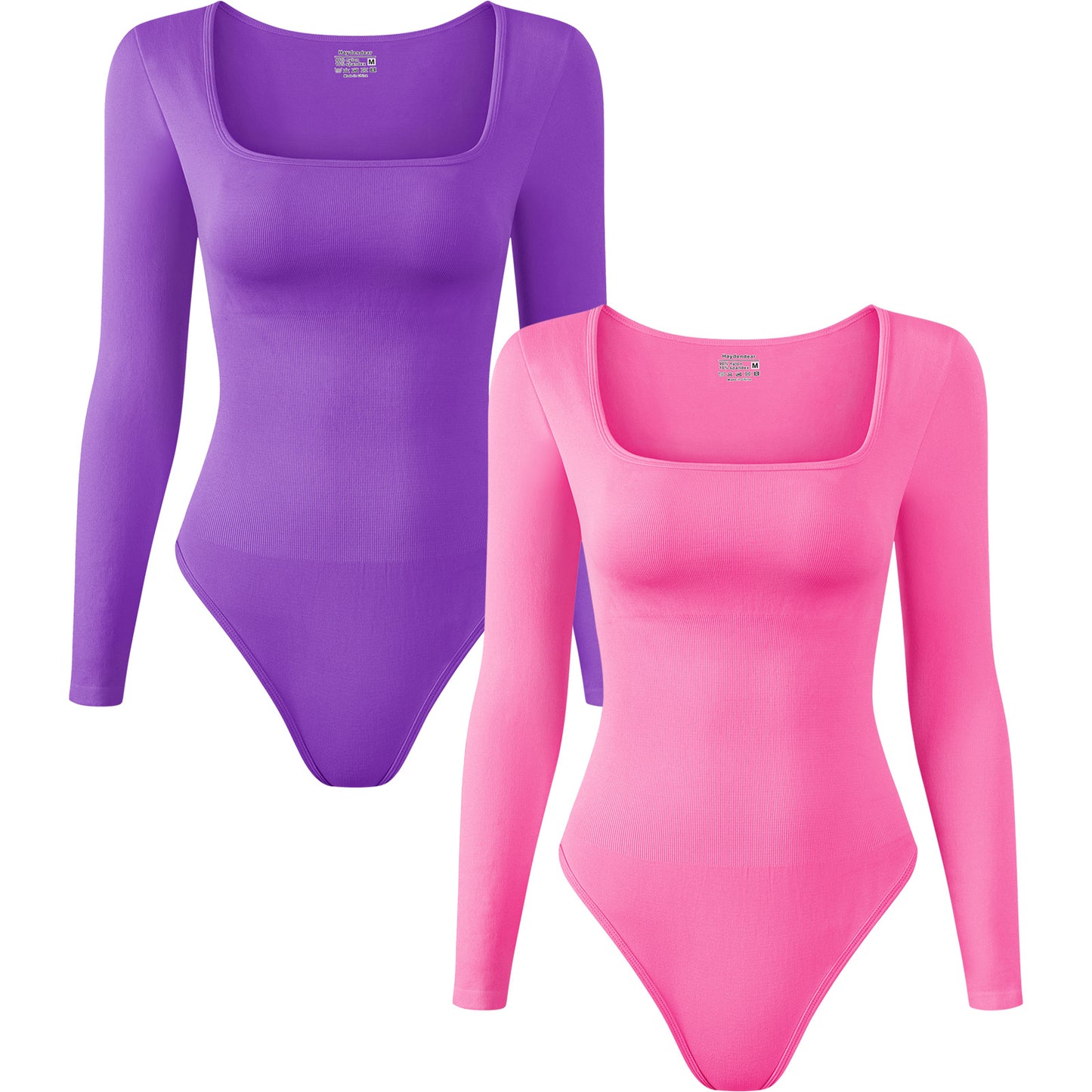 2 Pcs Long Sleeve Bodysuit Jumpsuit for Women, Seamless Ribbed Square Neck Shapewear for Women