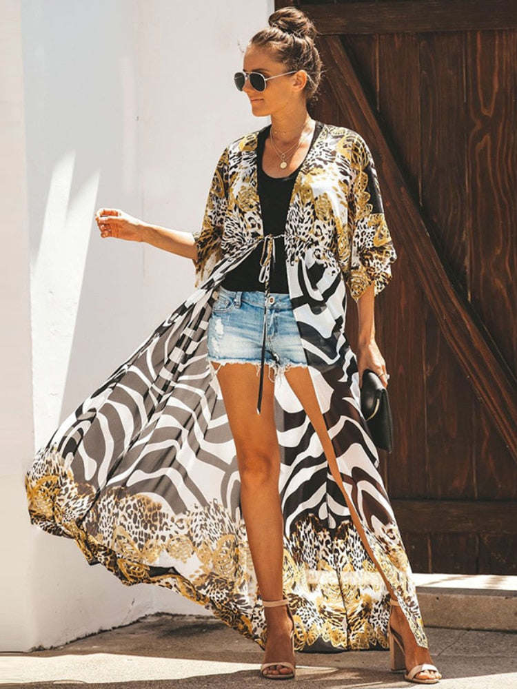 Bikini Cover Up Chiffon Beach Kimono Women Leopard Printed Long Swimsuit Tunic Summer Beach Wear