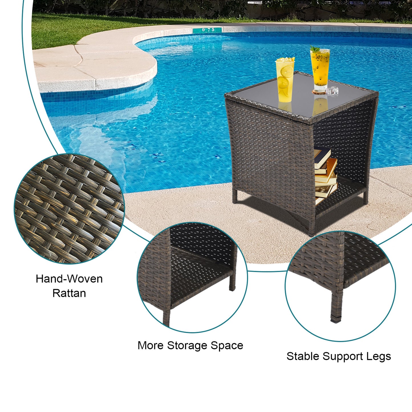Outdoor Side Coffee Table with Storage Shelf,All Weather PE Rattan and Steel Frame,Patio Furniture Square,Bistro Table for Garden Porch,Backyard Pool Indoor (Black Gold)