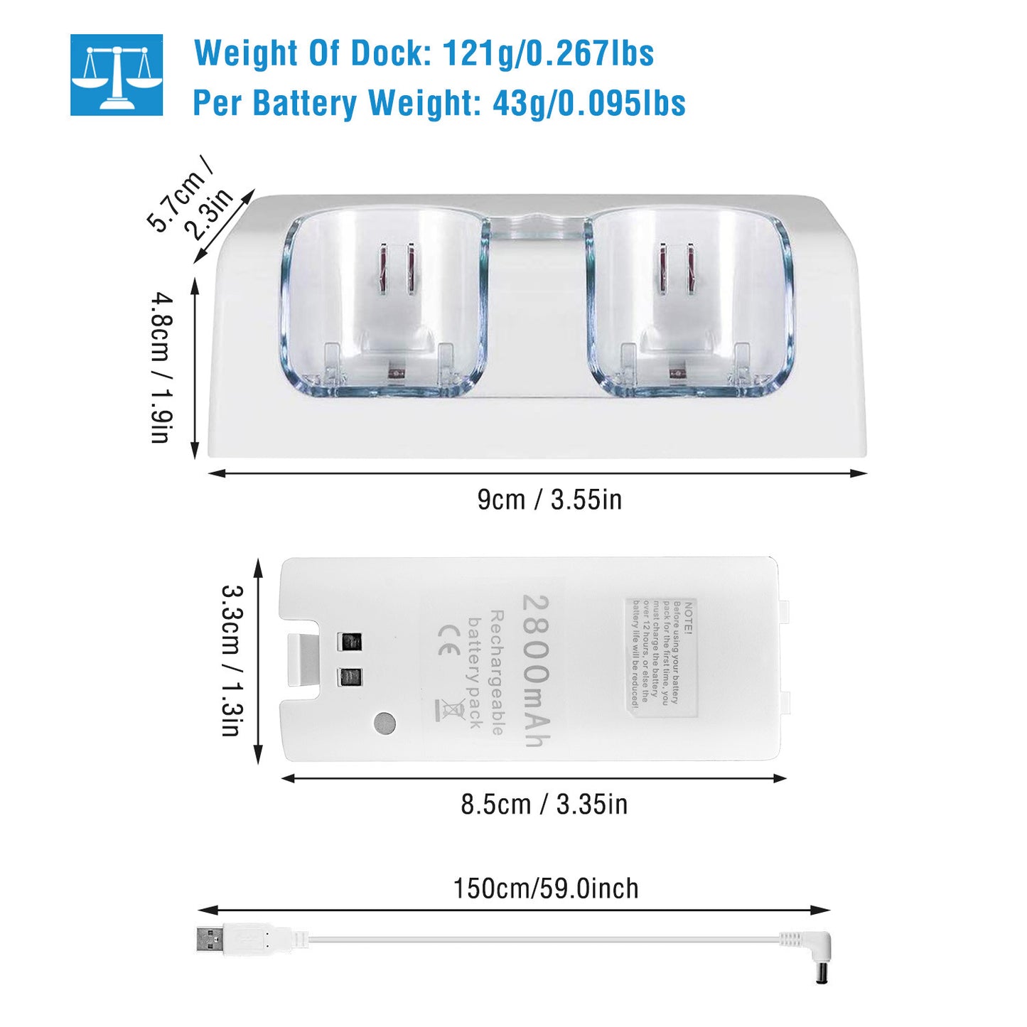 For Wii Remote Controller Charger Dual Charge Dock with Two 2800mAh Rechargeable Batteries