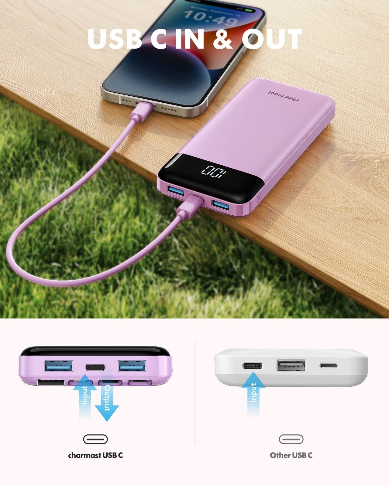 Portable Charger with Built in Cables, Portable Charger with Cords Wires Slim 10000mAh Travel Essentials Battery Pack 6 Outputs 3A High Speed Power Bank for iPhone Samsung Pixel LG Moto iPad