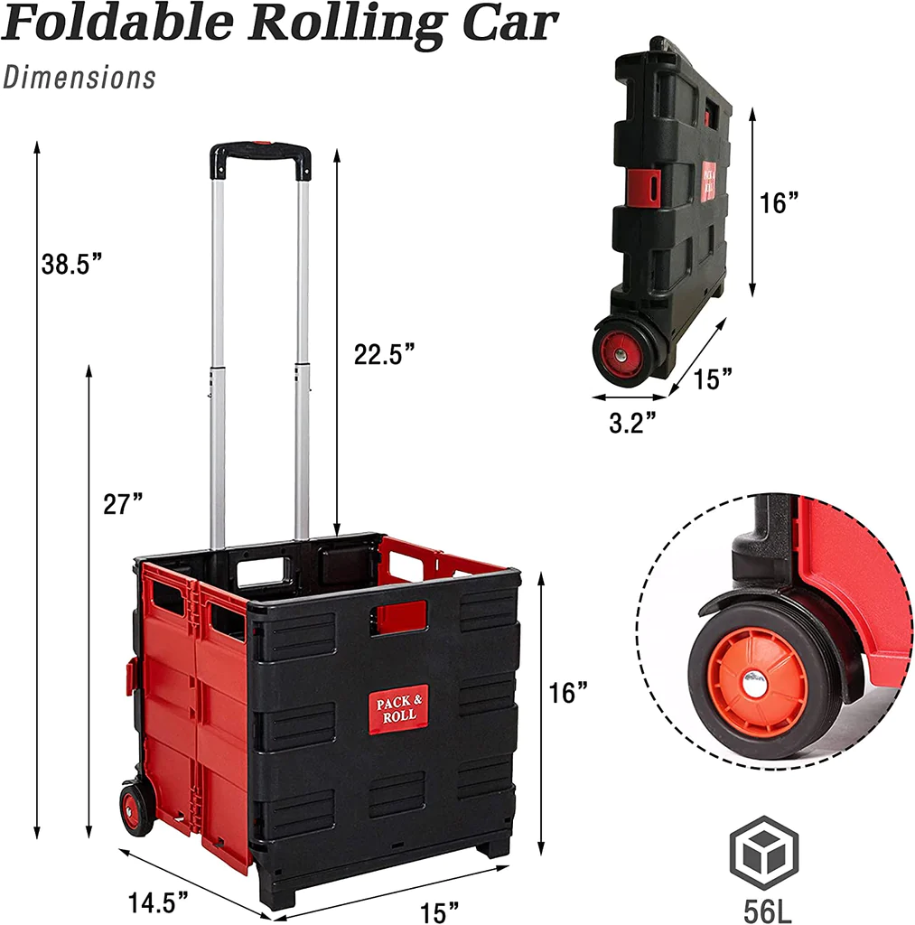 Large Folding Rolling Utility Shopping Cart, Black & Red/Green