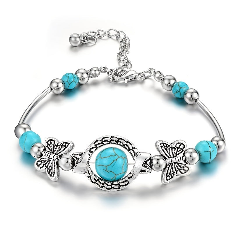 Charm Vintage Jewelry Silver Natural Turquoise Women Girl Butterfly Bracelet Chain Beads Bracelet & Bangle Wedding Gift