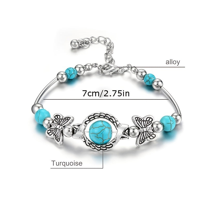 Charm Vintage Jewelry Silver Natural Turquoise Women Girl Butterfly Bracelet Chain Beads Bracelet & Bangle Wedding Gift