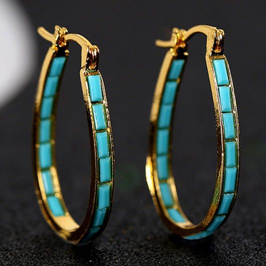 U Shape Hoop Earrings Inlaid Square Shape Synthetic Gems Fashion Piercing Earrings Jewelry 1 Pair