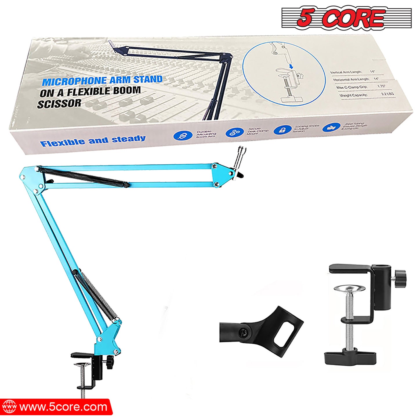 5 Core 30 Inch Scissors Arm Adjustable Microphone Desk Stand with Boom Suspension Tabletop Includes Mic Clip for Broadcasting Voice-Over YouTube Gaming MS ARM Blue
