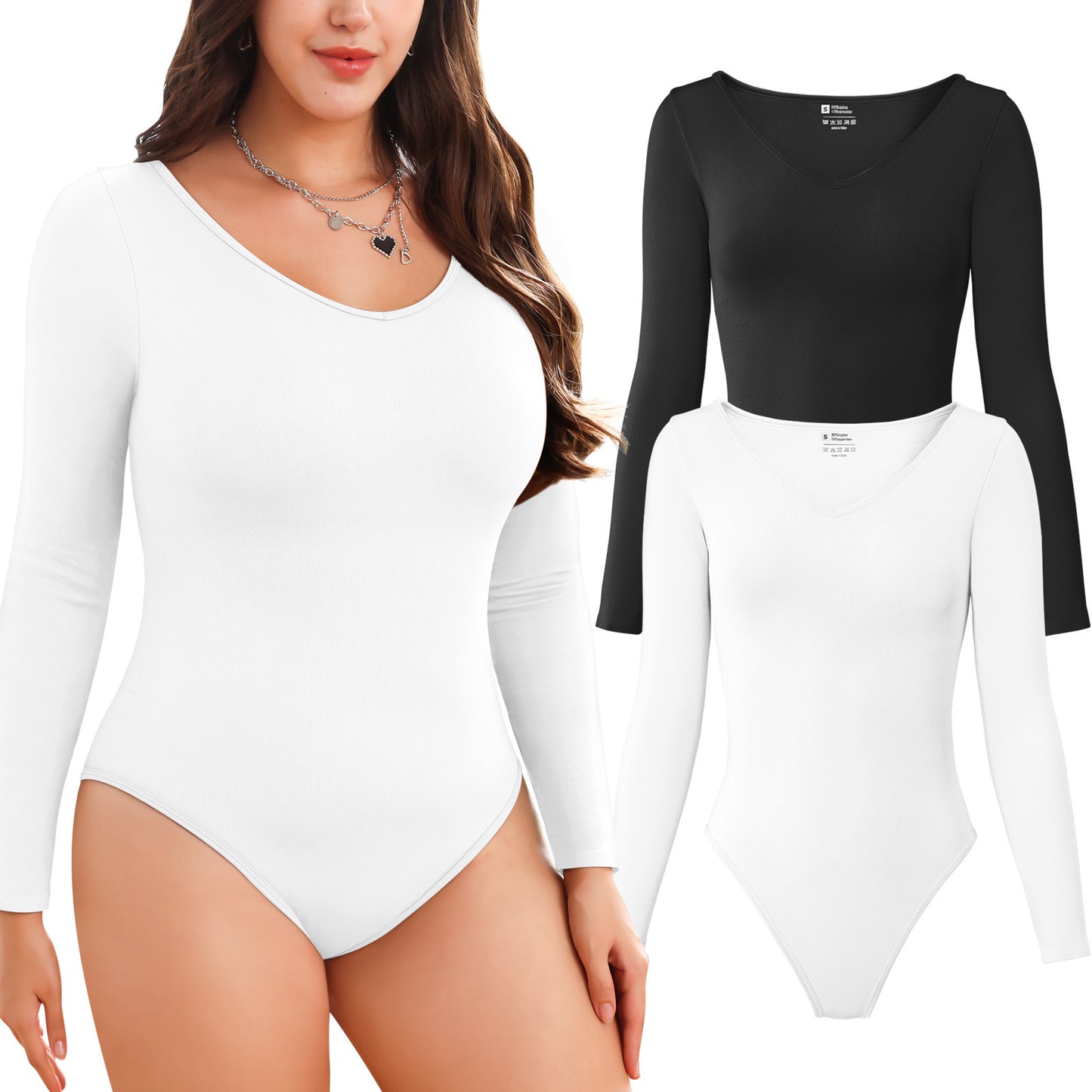 Women Long Sleeve Bodysuits 2 Pack, V Neck Sexy Tops with Ribbed Seamless Design