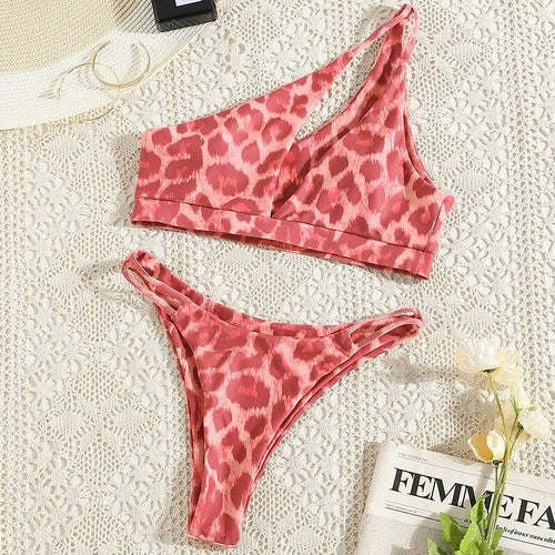 Sexy One-shoulder Bikini Set Leopard Print Swimsuit Women Hollow Out