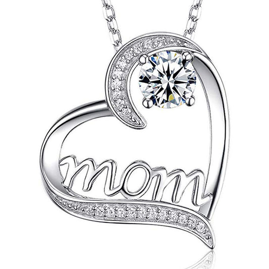 Hollow Heart-Shaped Inlaid Rhinestone Mom Pendant Necklace Chic Design Mother's Day Gift For Women Mother Daughter