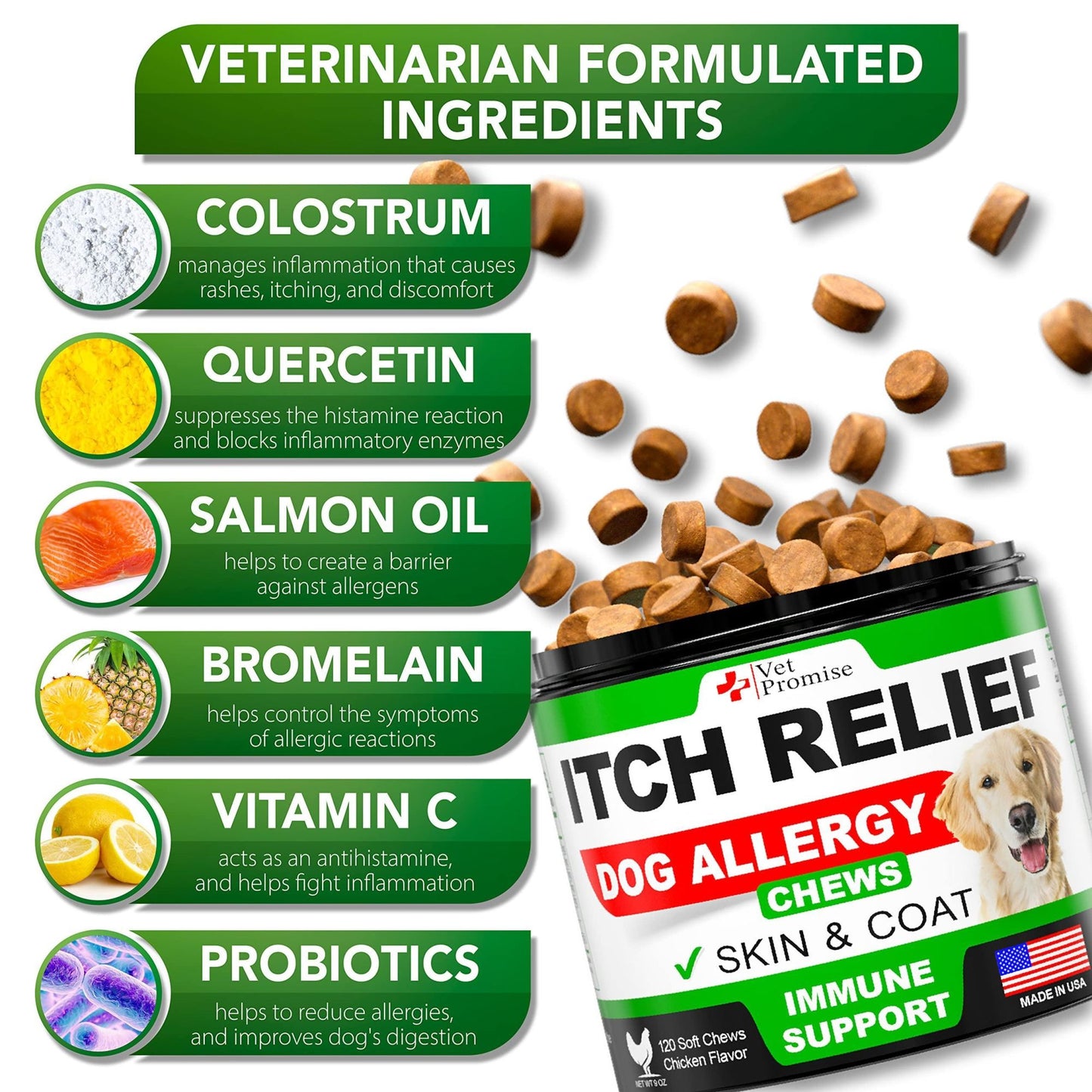 Dog Allergy Chews   Itch Relief for Dogs   Dog Allergy Relief   Anti Itch for Dogs   Dog Itchy Skin Treatment   Dog Allergy Support   Hot Spots   Immune Health Supplement   Made in USA   120 Treats
