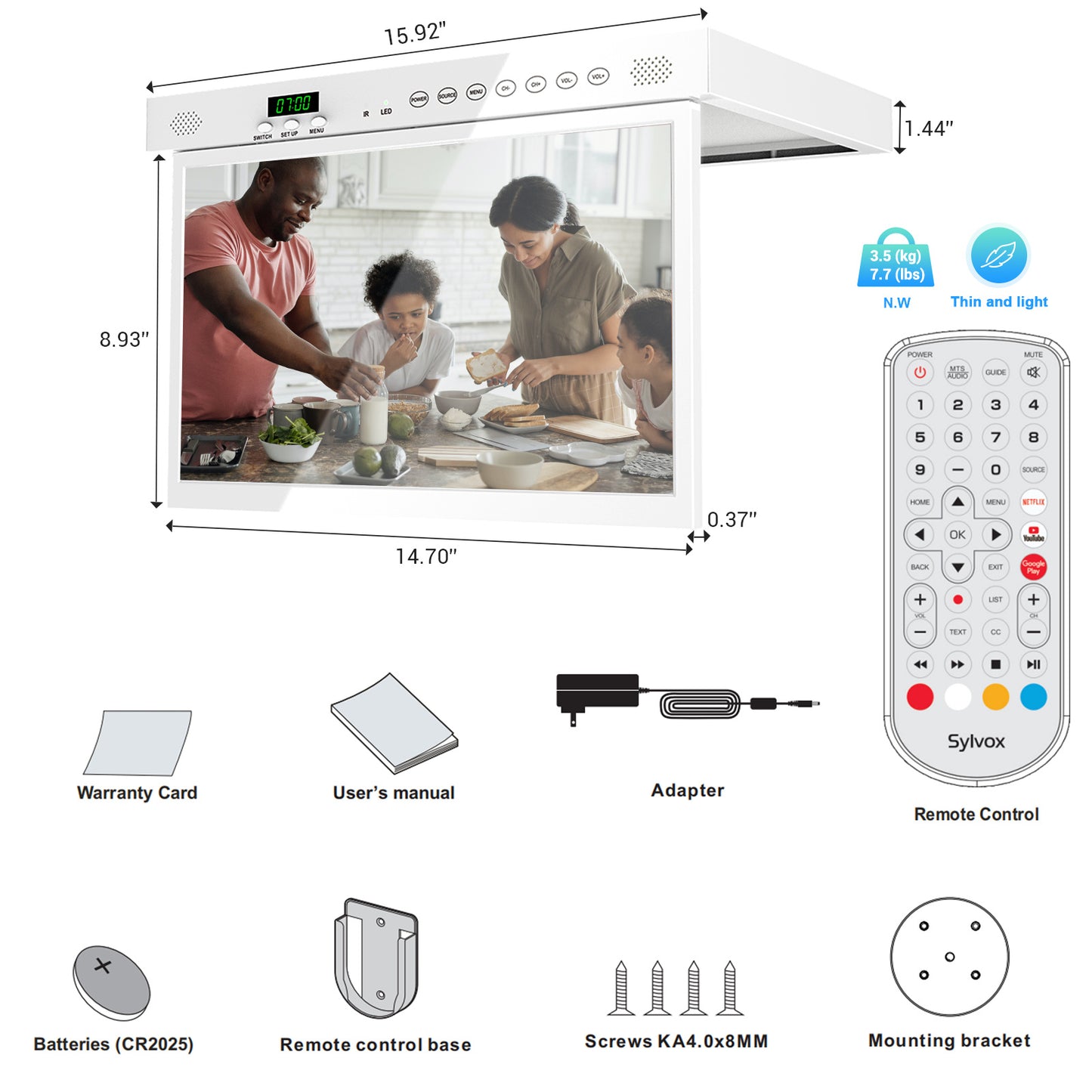 Sylvox 15.6" Kitchen TV Flap down Smart TV Android 11.0 Supports Timing Bluetooth WiFi Foldable Under Cabinet TV