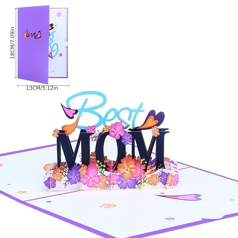 1pc Greeting Card; With Blank Envelope And Message Card; BEST MOM Pop Up Greeting Card; Colorful Flowers Heart Decor 3D Card; Mother's Day Gift; Theme Party Decor