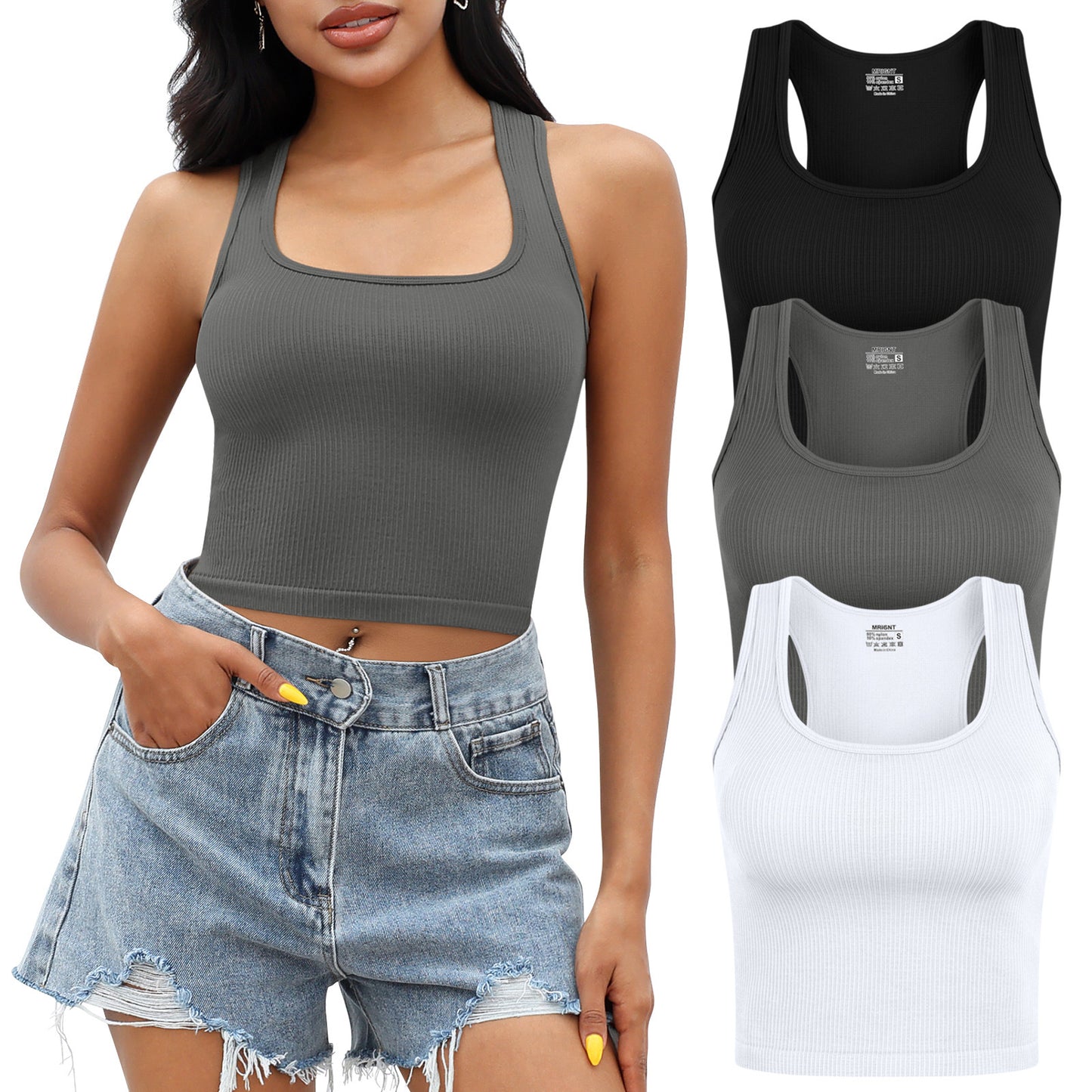 Tank Top for Women, 3 Pack Ribbed Seamless Racerback Yoga Crop Tops for Workout Running Gym Sport, Sleeveless Exercise Shirt for Daily Wearing