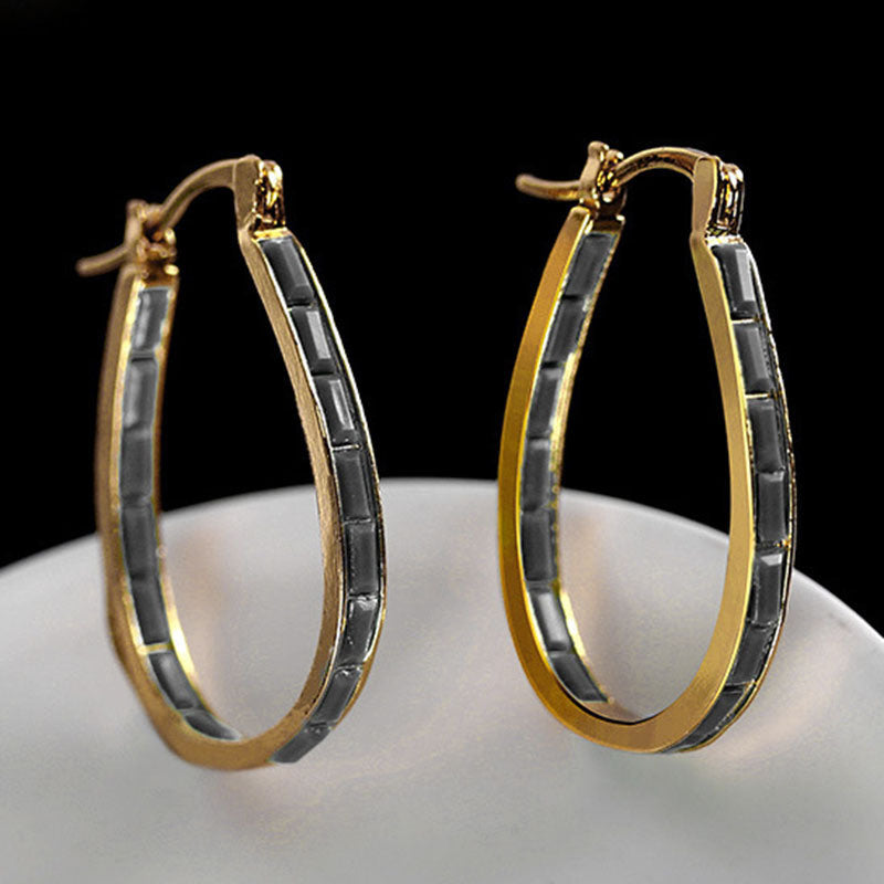 U Shape Hoop Earrings Inlaid Square Shape Synthetic Gems Fashion Piercing Earrings Jewelry 1 Pair