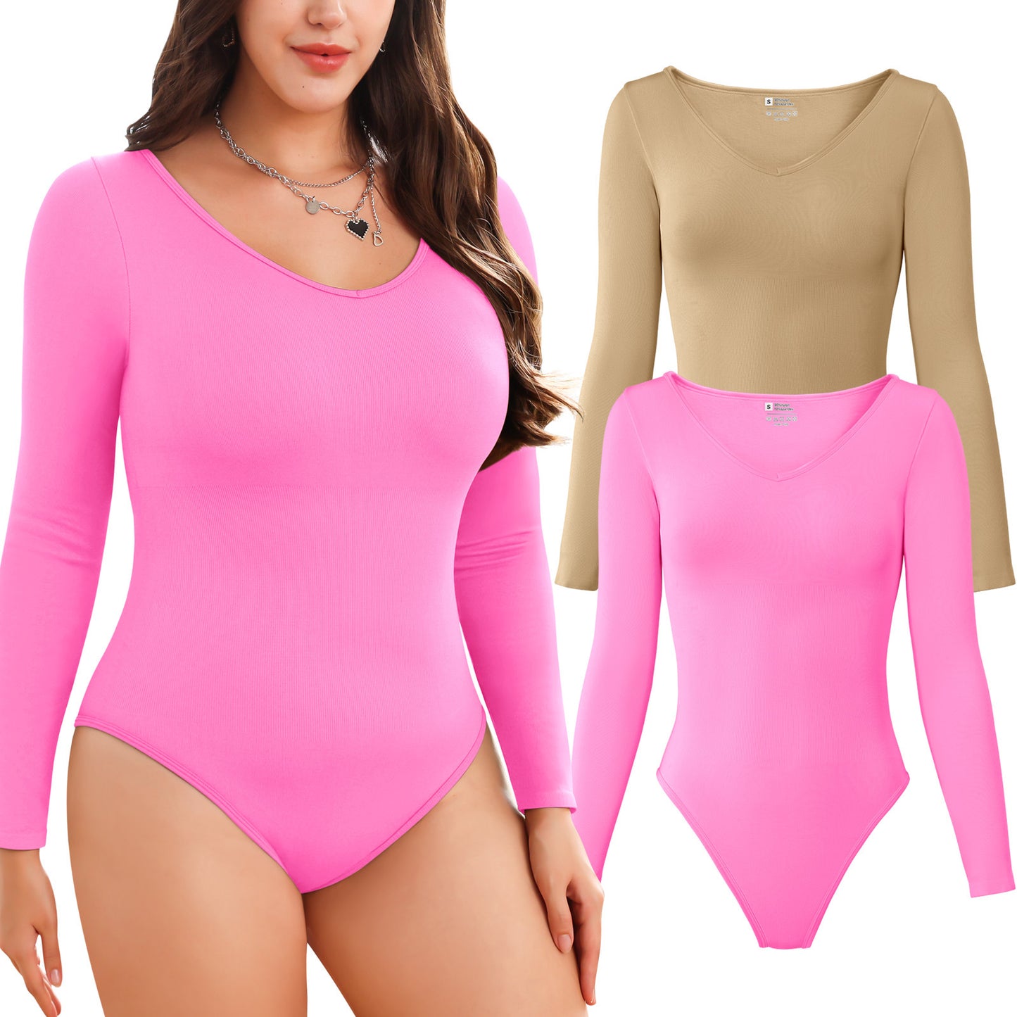 Women Long Sleeve Bodysuits 2 Pack, V Neck Sexy Tops with Ribbed Seamless Design