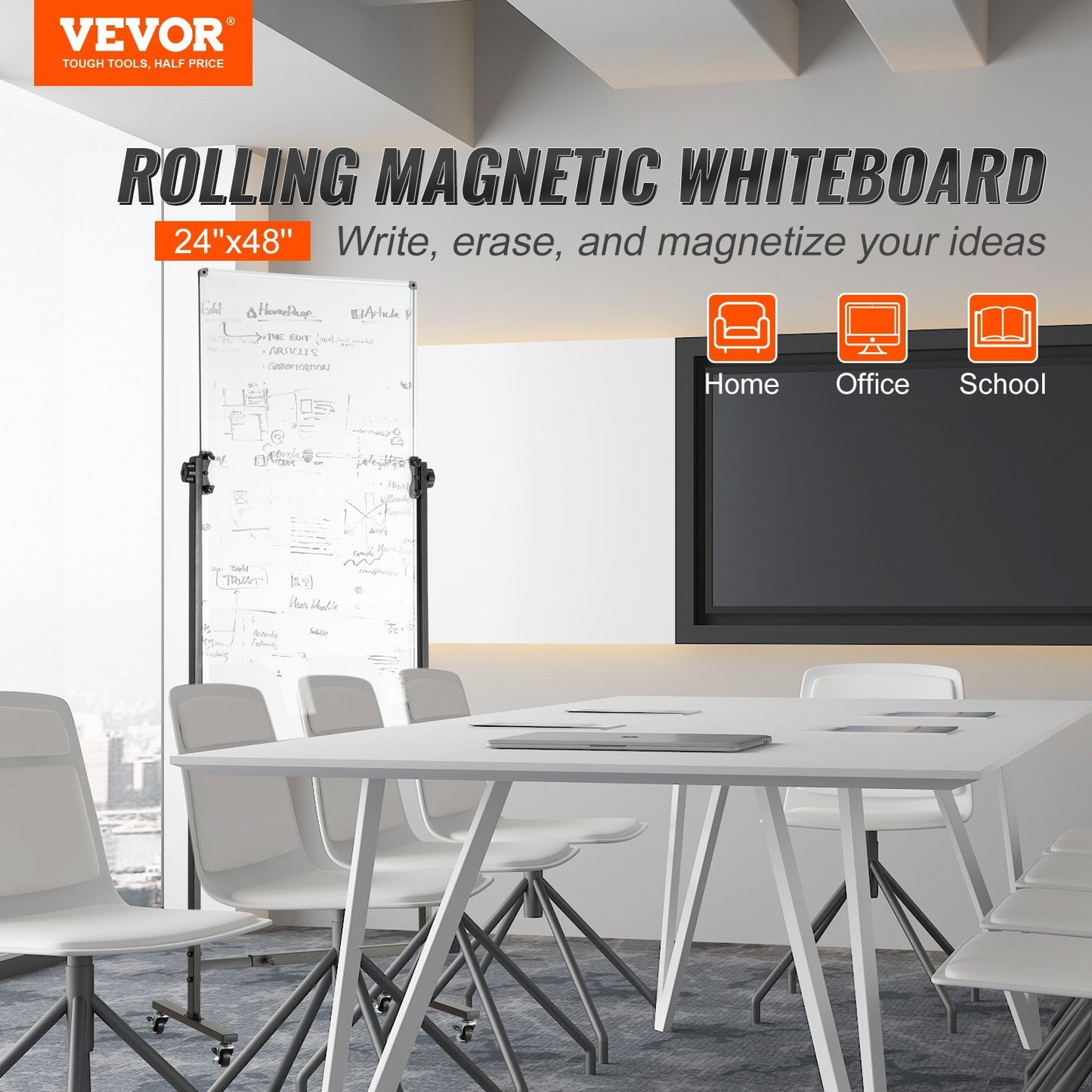 VEVOR Rolling Magnetic Whiteboard, Double-sided Mobile Whiteboard 24x48 Inches, Adjustable Height Dry Erase Board with Wheels, 1 Magnetic Erase & 3 Dry Erase Markers & Movable Tray for Office School