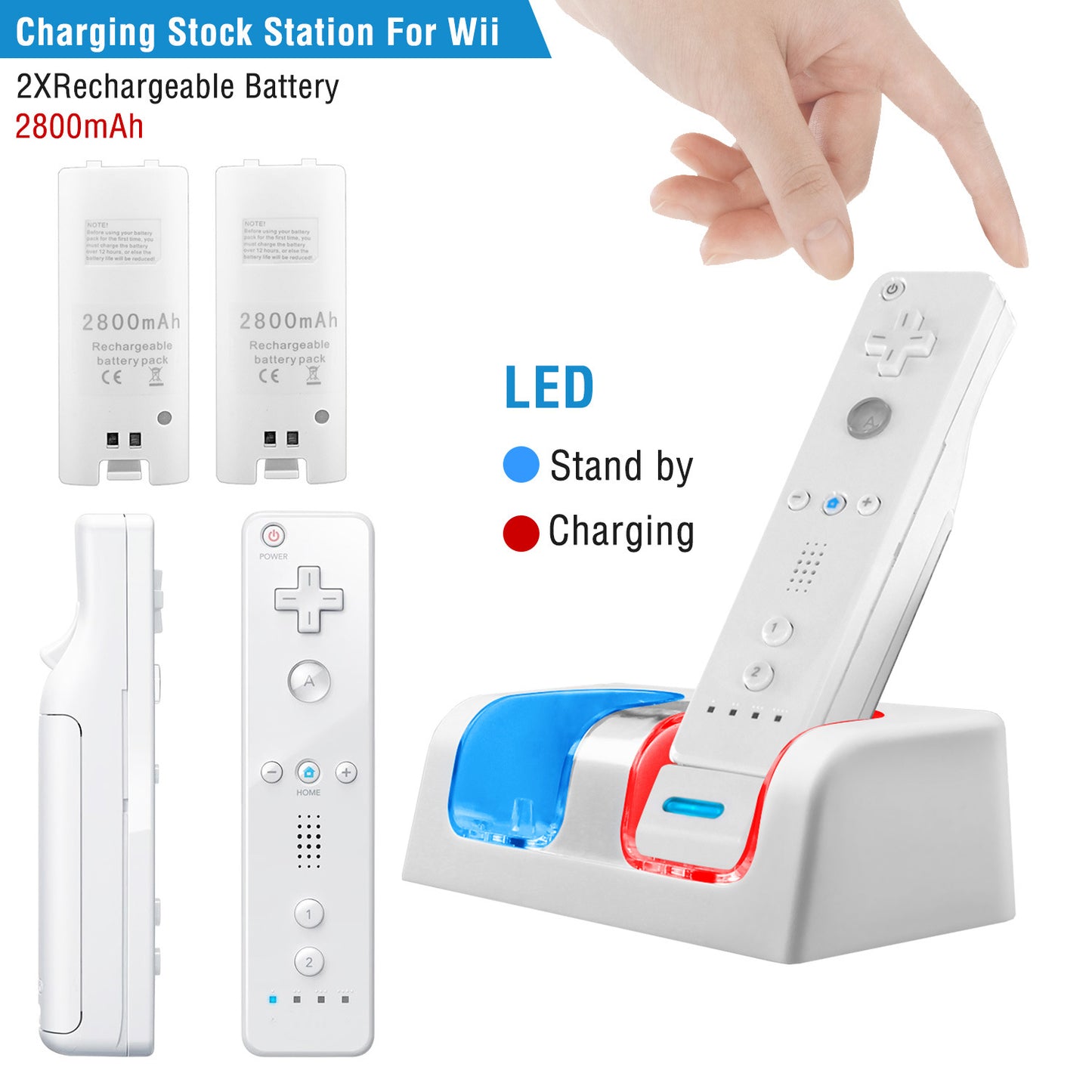 For Wii Remote Controller Charger Dual Charge Dock with Two 2800mAh Rechargeable Batteries
