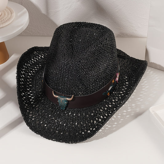 Men's And Women's Cowboy Hat British Retro New Summer Hollow Cow Head Belt Hat Sunscreen Sunscreen Woven Straw Hat