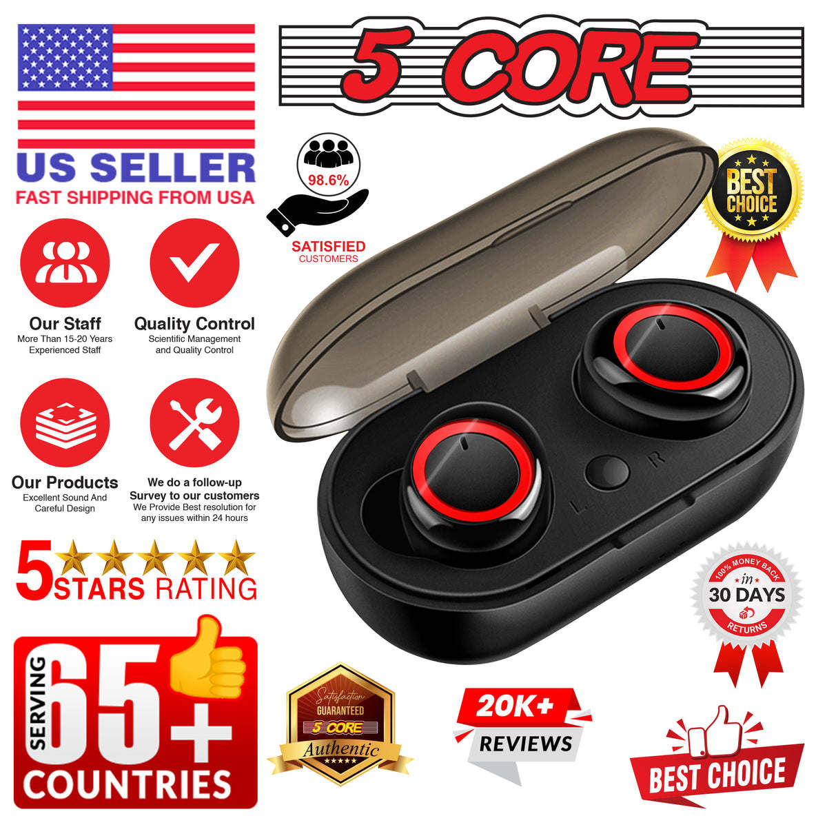 5 Core Wireless Ear Buds • Mini Bluetooth Noise Cancelling Earbud Headphones 32 Hours Playtime IPX8 - EP01