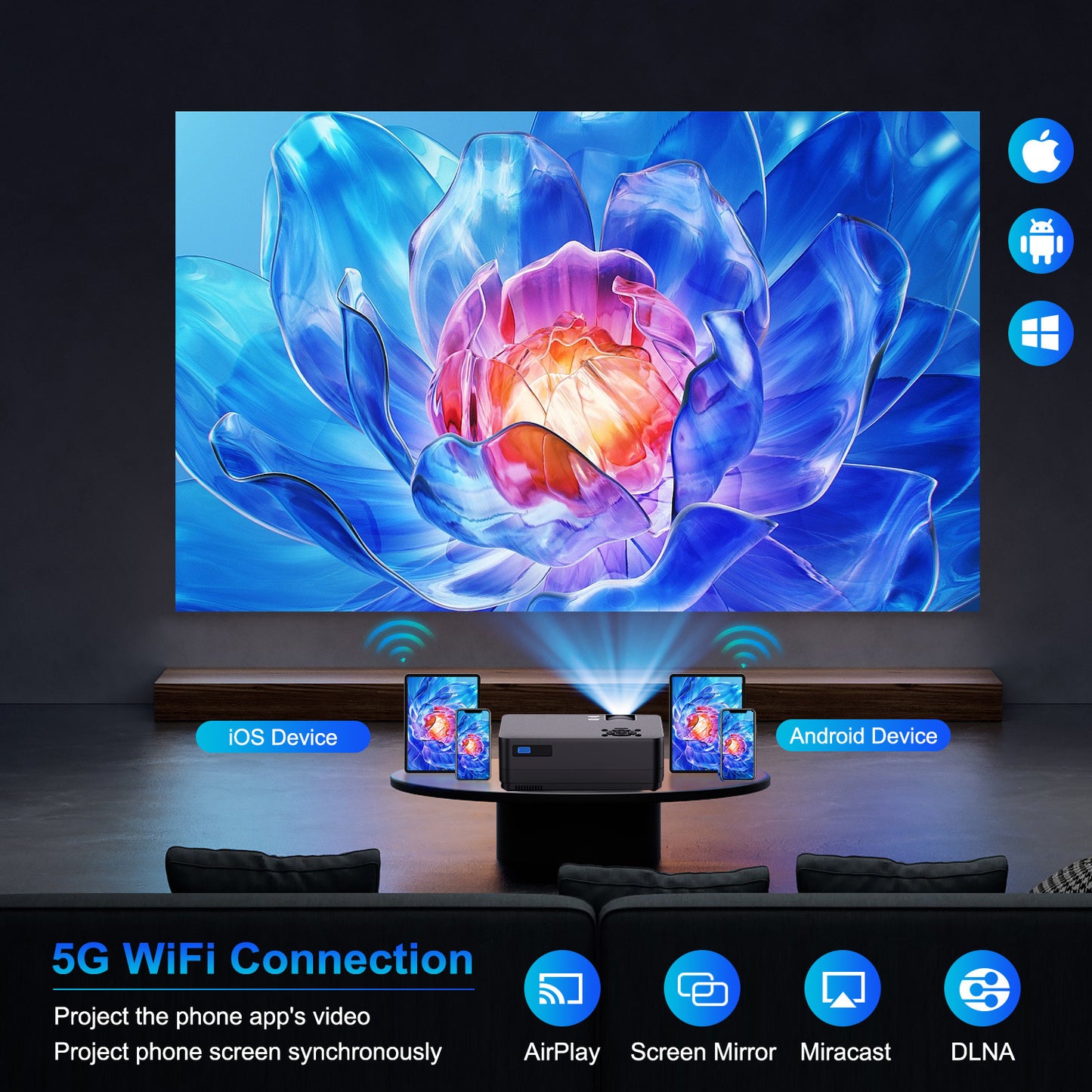 5G WiFi Bluetooth Native 1080P Projector[Projector Screen and Bag Included], 15000LM Full HD Movie Projector, 300" Display Support 4k Home Theater,Compatible with iOS/Android/XBox/PS4/TV Stick/HDMI