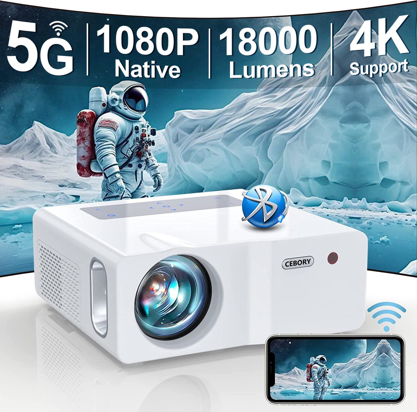 Native 1080P 5G WiFi Bluetooth Projector,18000LM 450 ANSI Outdoor Movie Projector 4K Support and Max 450" Display, LED Home Theater Video Projector Compatible with iOS/Android/Win/TV Stick/PS5 White
