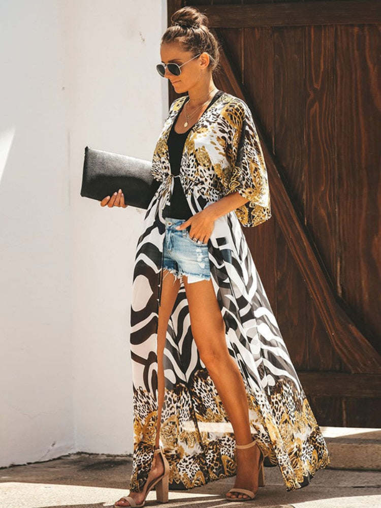 Bikini Cover Up Chiffon Beach Kimono Women Leopard Printed Long Swimsuit Tunic Summer Beach Wear