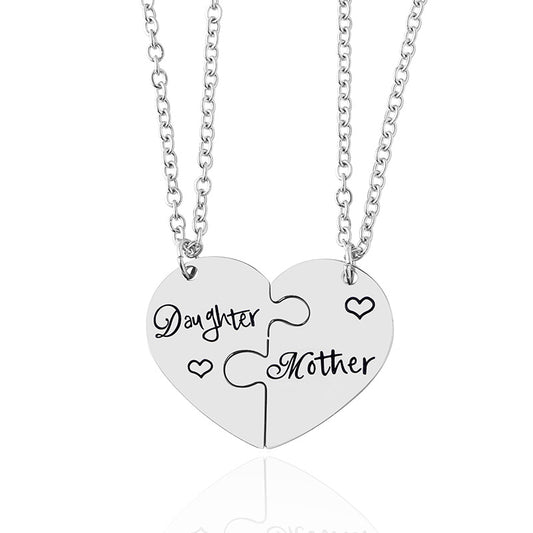 2 PCS Love Daughter Mother Puzzle Heart Pendant Necklace Silver Stainless Steel Mothers Day Jewelry Gifts