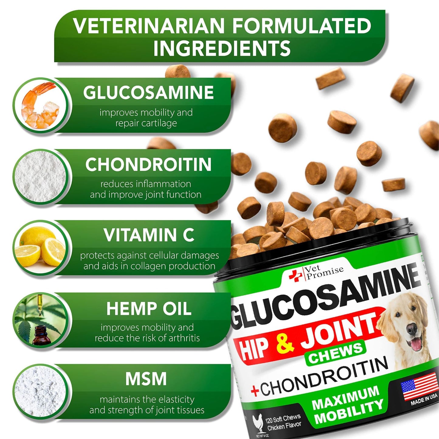 Glucosamine for Dogs Hip and Joint Supplement for Dogs Chondroitin for Dogs Dog Joint Pain Relief Treats with MSM Hemp 120 Mobility Chews