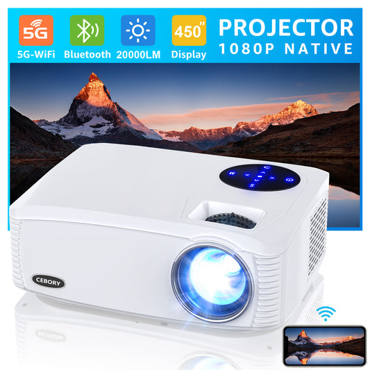 5G WiFi Bluetooth Native 1080P Projector, 20000LM 450" Display Support 4K Movie Projector, High Brightness for Home Theater and Business, Compatible with iOS/Android/TV Stick/PS4/HDMI/USB/PPT