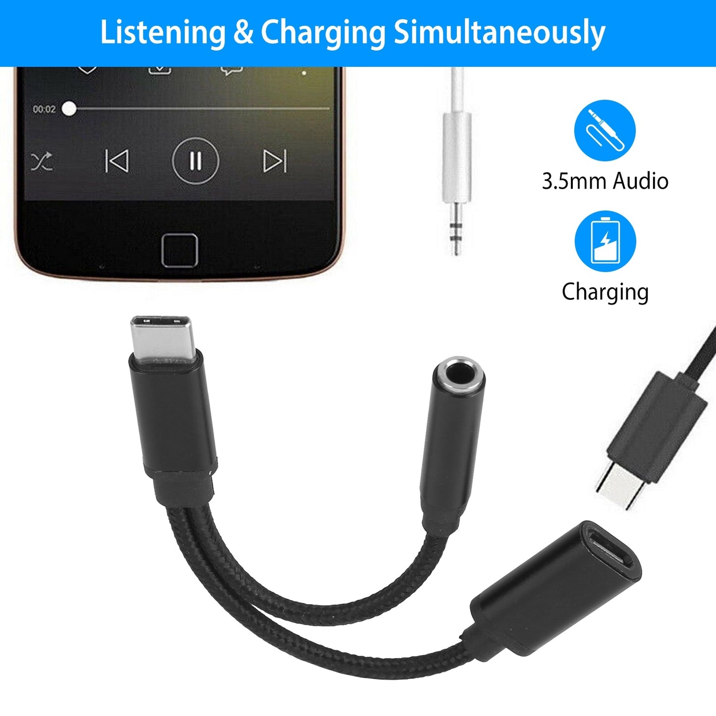 USB Type C to 3.5mm Aux Audio Charging Adapter Braided TPE Metal Shell