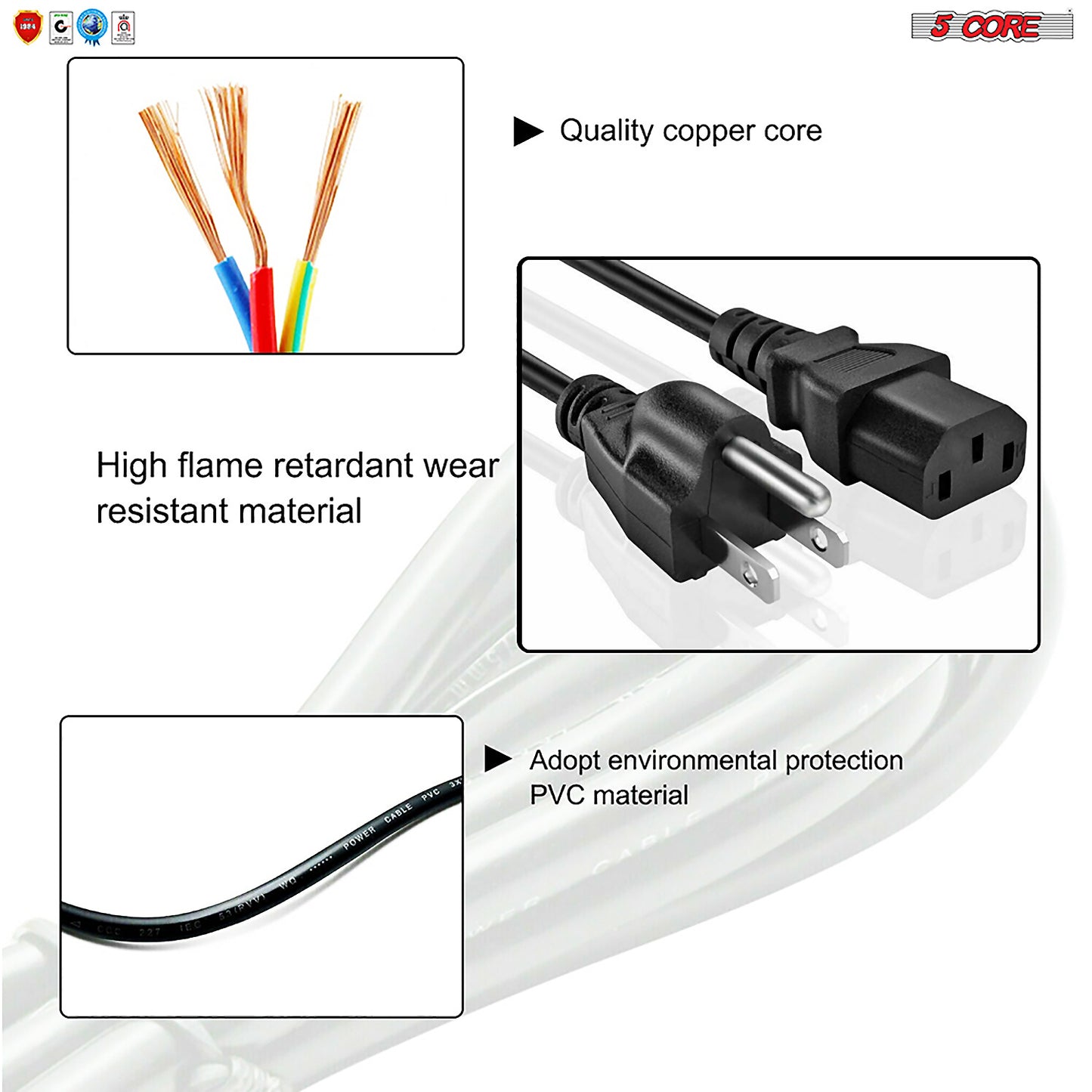 5 Core Replacement UL Listed AC Wall Power Cord 10 Feet 3 Prong Universal AC Cable for LG TV Dell HP Asus Toshiba Lenovo Acer Samsung Laptop Notebook Computer Charger PL 1002