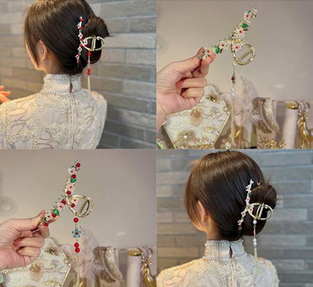 Hair Claw Clip with Tassel Elegant Metal Claw Clip Large Hair Jaw Clip, Flower-1
