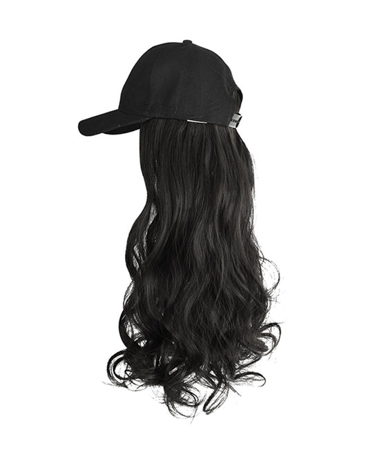 Baseball Cap with Natural Black Synthetic Long Wavy Hair Attached for Womens Adjustable Wig Cap